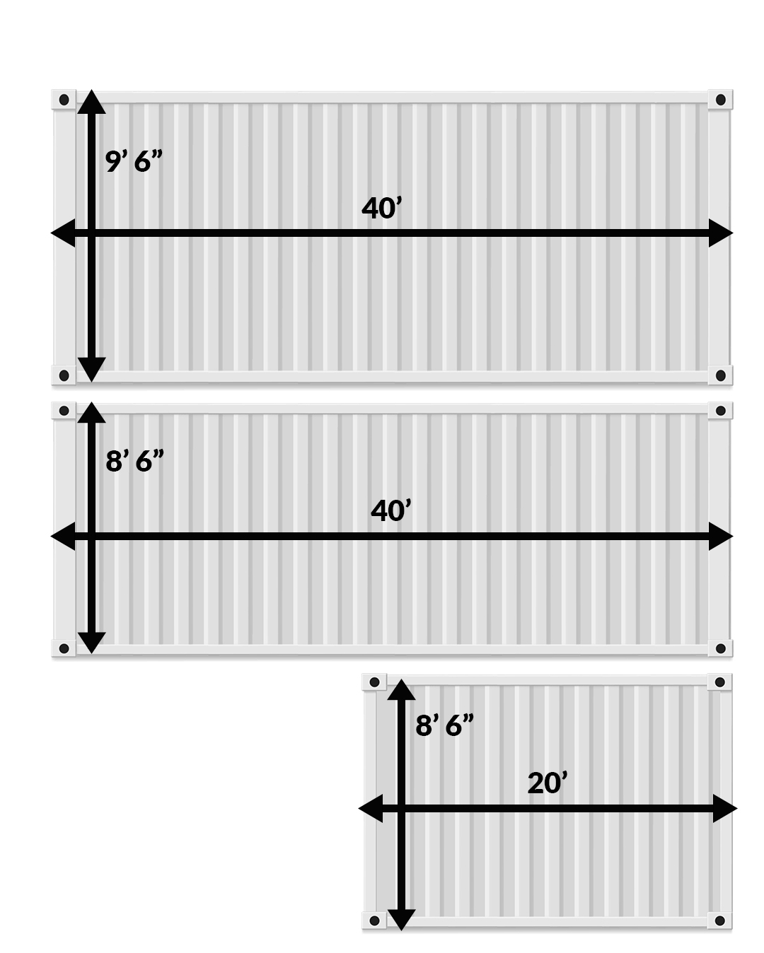 Diagram of the 3 sizes of containers for FCL & LCL Ocean Freight