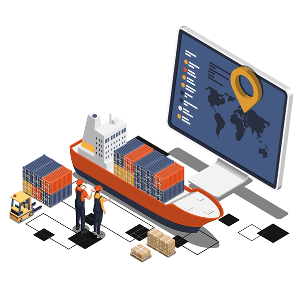 Illustration of logistics ship, computer and supply chain workers
