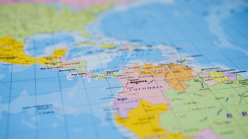 Close-up map of Central America and northern South America highlighting Colombia, Venezuela, Panama, and surrounding regional trade markets.