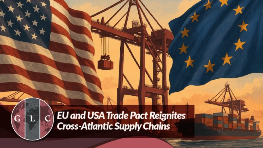 GLC trade graphic featuring U.S. and European Union flags, port cranes, shipping containers, and a cargo vessel representing cross-Atlantic trade.