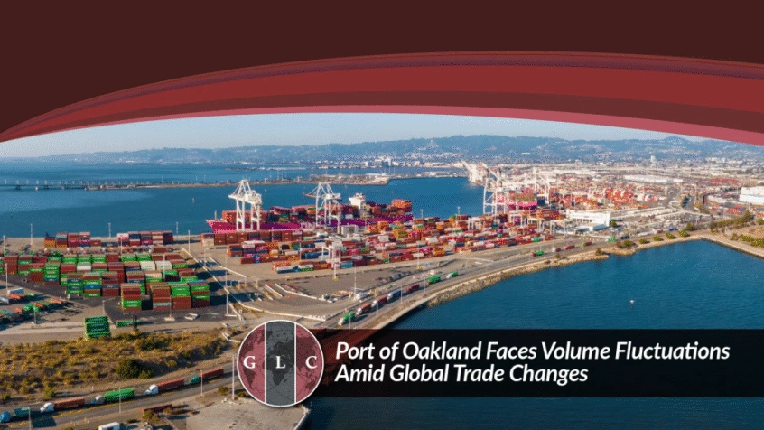 GLC graphic featuring an aerial view of the Port of Oakland with container terminals, cranes, cargo yards, and surrounding waterways.