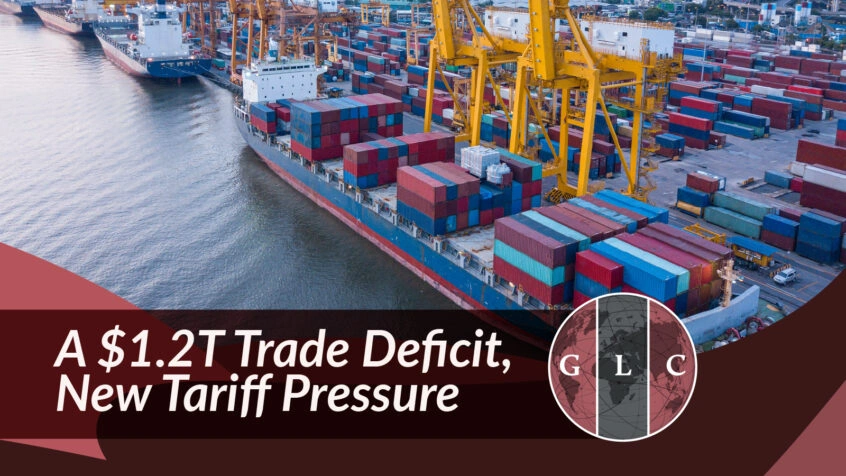 GLC trade update graphic showing container ships and port cranes with the headline “A $1.2T Trade Deficit, New Tariff Pressure.”
