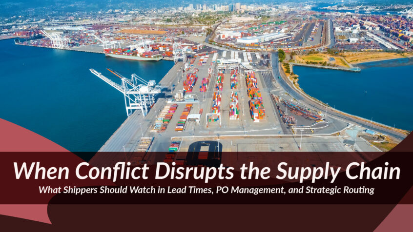 Busy international port with container vessels and terminal cranes, illustrating how geopolitical conflict can affect freight flows, routing, and logistics planning.