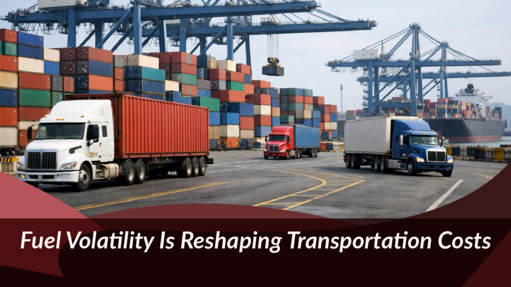 Busy cargo port with trucks, containers, and terminal operations, representing fuel-driven transportation cost pressure across drayage and truckload logistics.