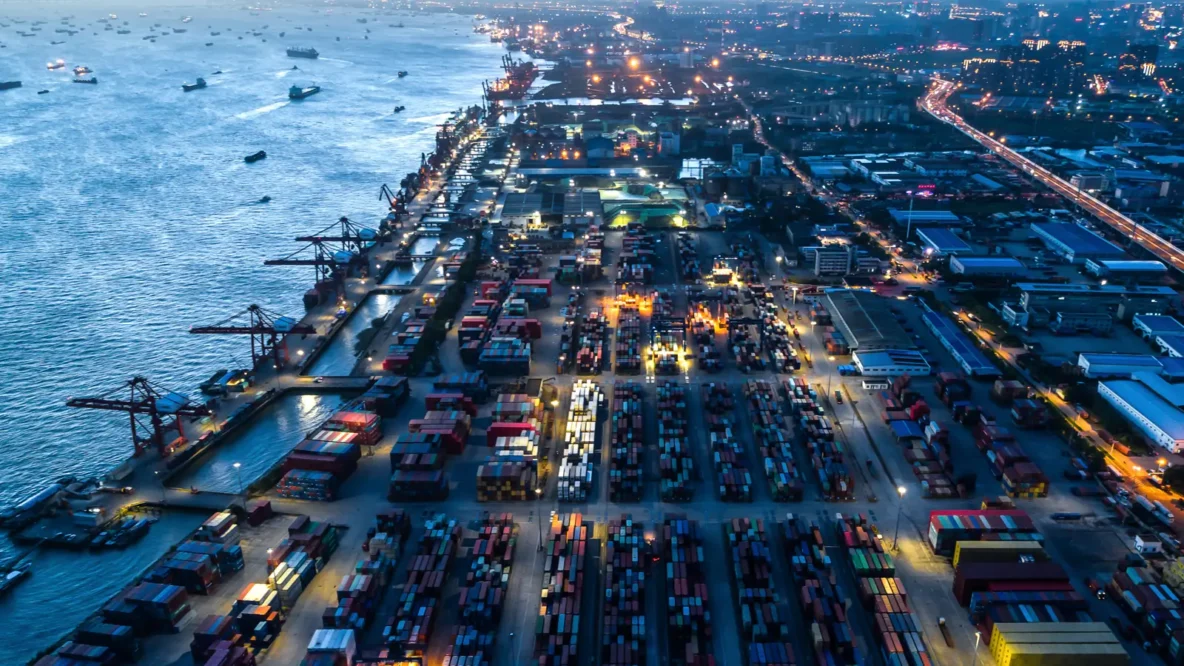 Container ships at U.S. port with customs documentation theme