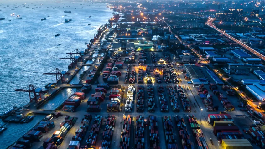 Container ships at U.S. port with customs documentation theme