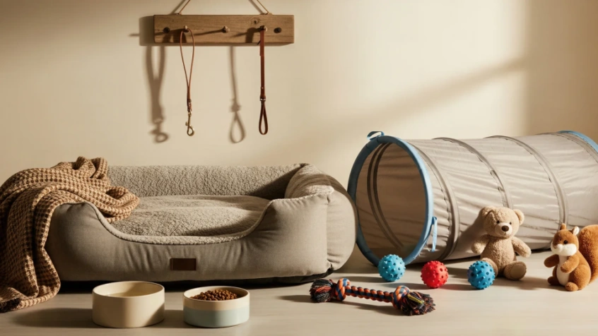 Pet product display featuring a bed, feeding bowls, toys, tunnel, stuffed animals, and hanging leashes in a warm indoor setting.