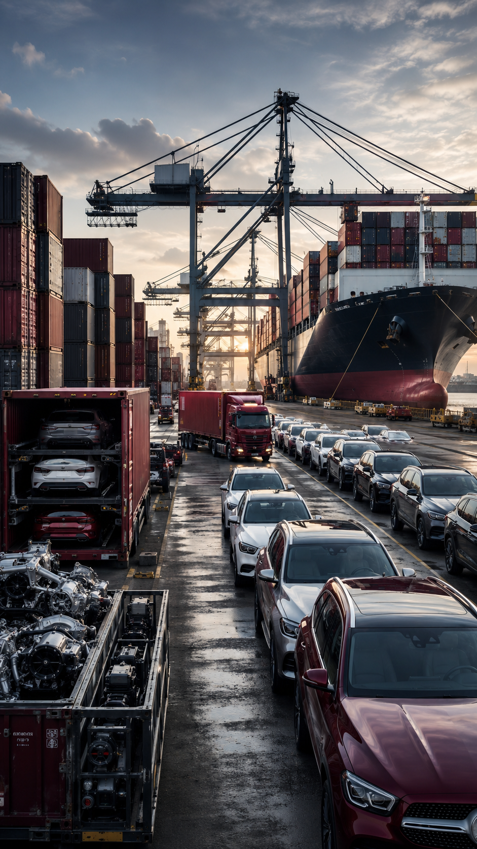 Modern seaport with containers, cranes, imported vehicles, and automotive cargo prepared for distribution, representing automotive logistics and customs coordination.