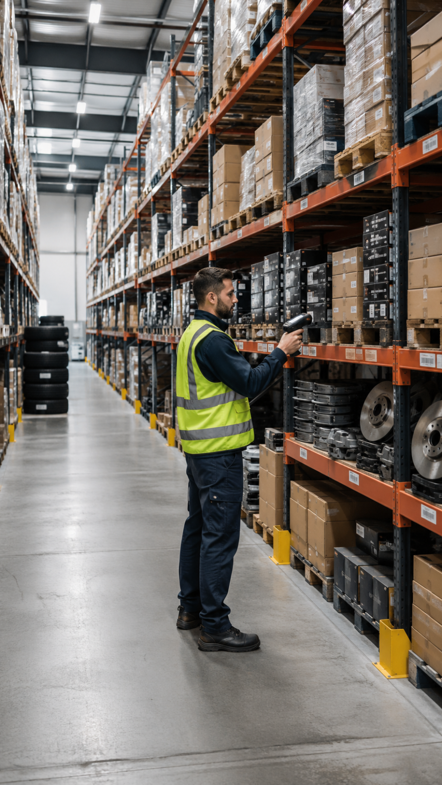 Warehouse worker scanning automotive parts inventory in a clean aisle with boxed components, tires, brake parts, and palletized stock for automotive logistics.