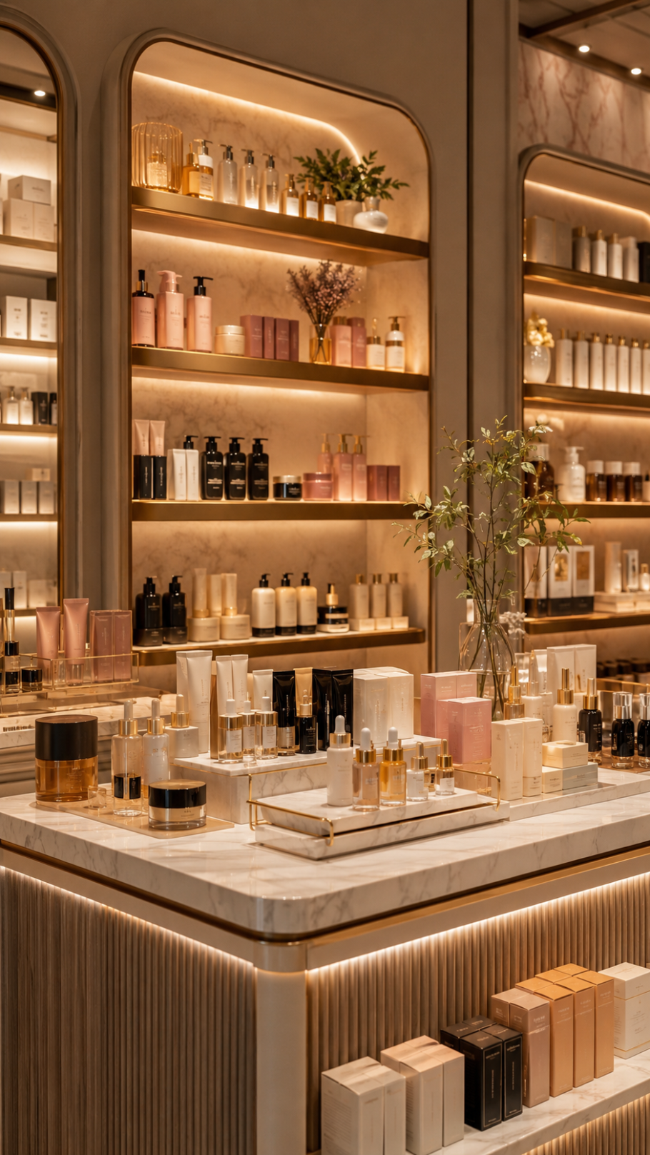 Elegant beauty retail display with skincare bottles, cosmetics, serums, creams, hair care products, makeup boxes, and clean lifestyle packaging under warm lighting.