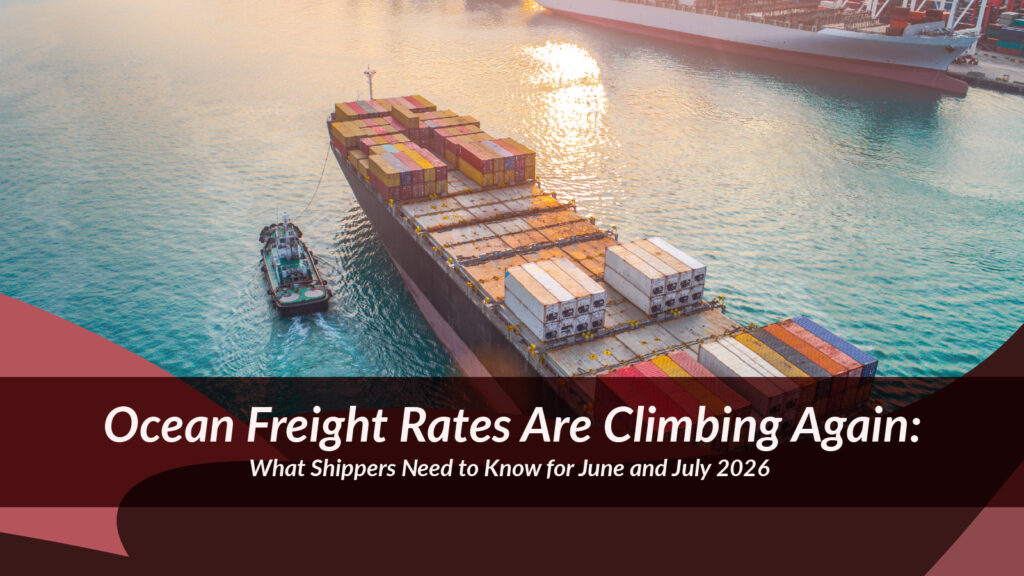 Container ship arriving at a busy ocean port with cargo containers and cranes in the background, promoting GLC’s article on rising ocean freight rates for June and July 2026.