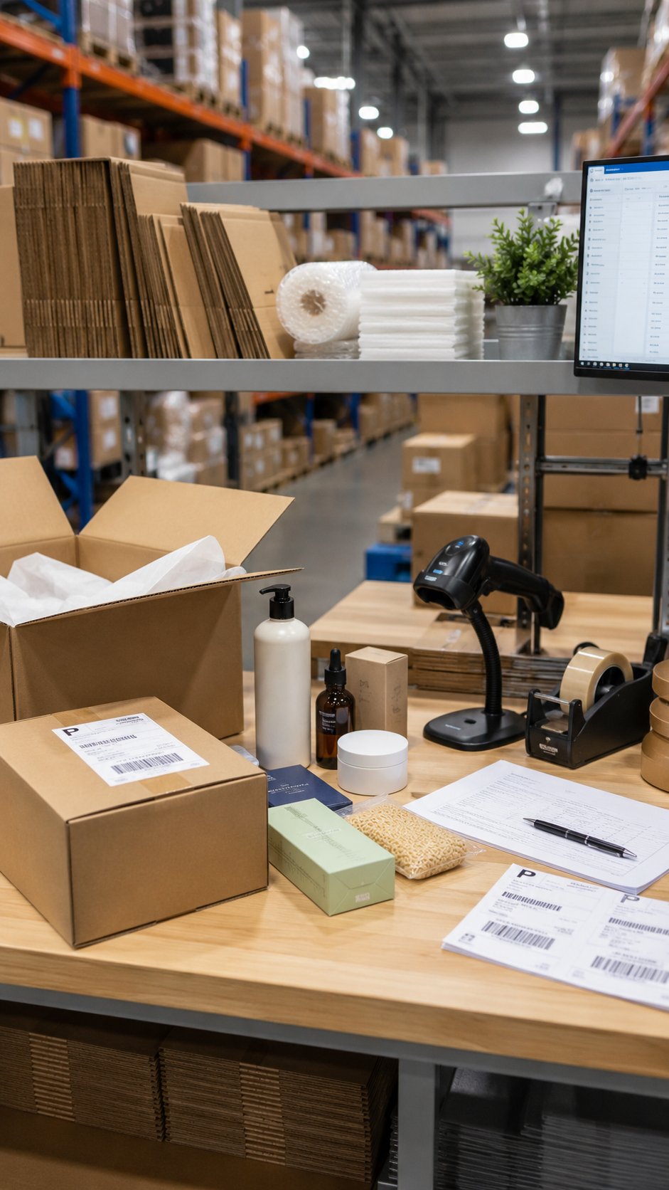 Consumer Goods Fulfillment Workstation Fulfillment workstation with consumer goods, packing materials, barcode scanner, shipping labels, and brand-free boxes prepared for outbound delivery.
