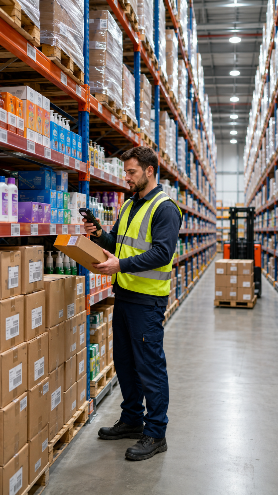 Consumer Goods Warehouse Inventory Scanning Warehouse worker scanning consumer goods inventory in a clean aisle with retail packaging, palletized cartons, barcode labels, and organized stock.
