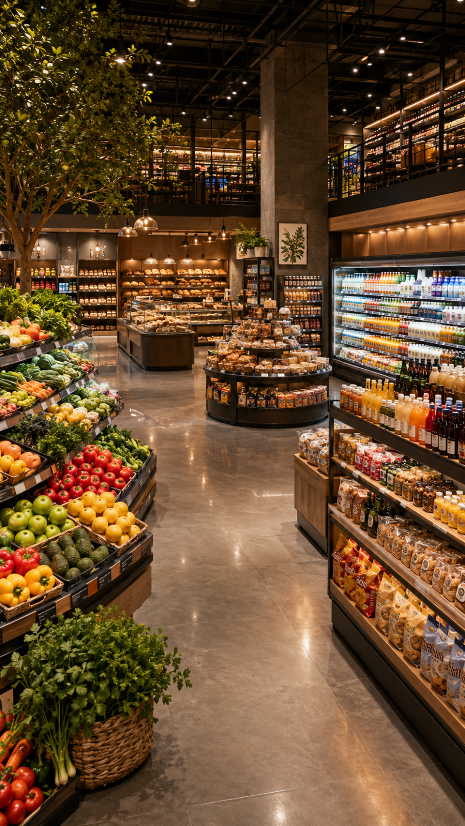 Elegant supermarket with fully stocked food and drink shelves, warm lighting, fresh produce displays, and organized aisles representing food logistics services.