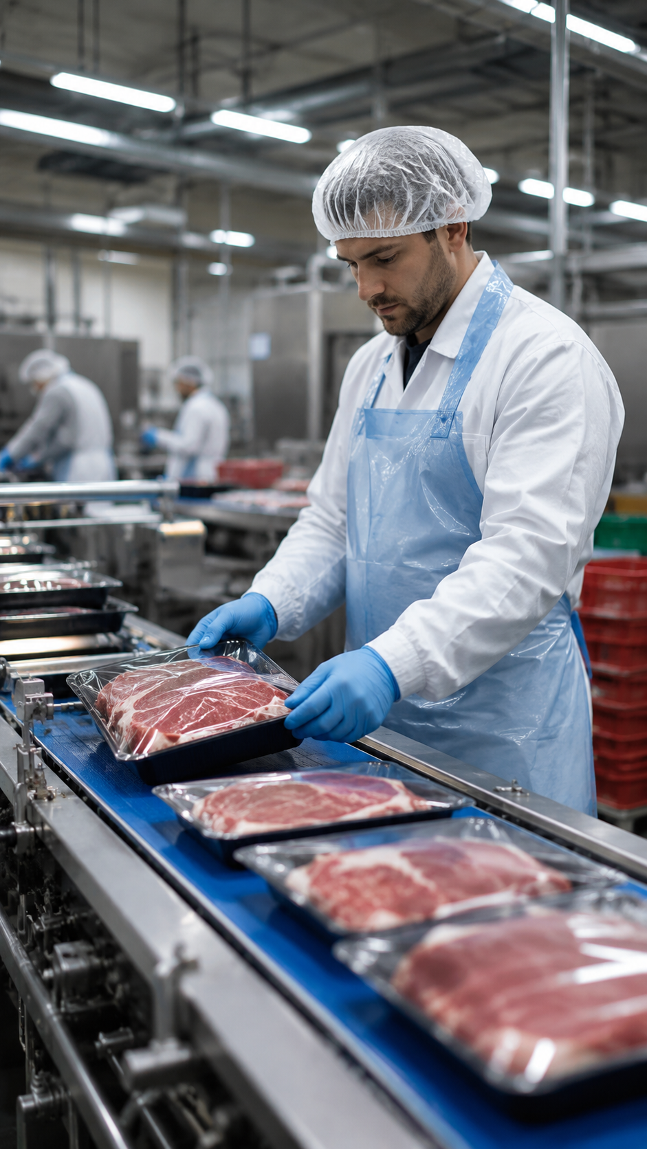 Food processing worker in protective gear transporting packaged meat products on a conveyor belt inside a clean industrial factory.
