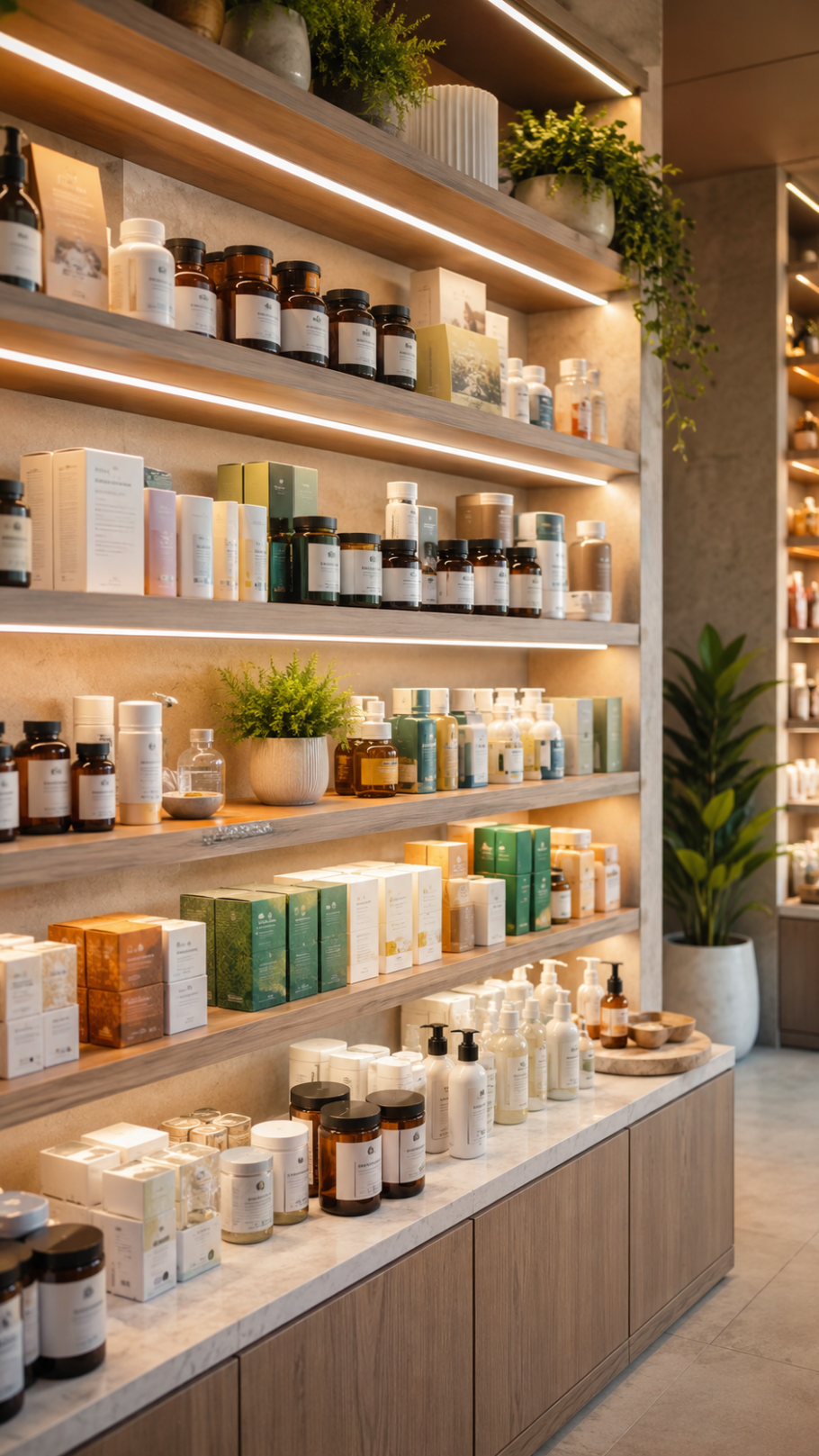 Health and Wellness Retail Product Display Elegant health and wellness retail shelf with vitamins, supplements, skincare, personal care products, and clean lifestyle packaging under warm lighting.