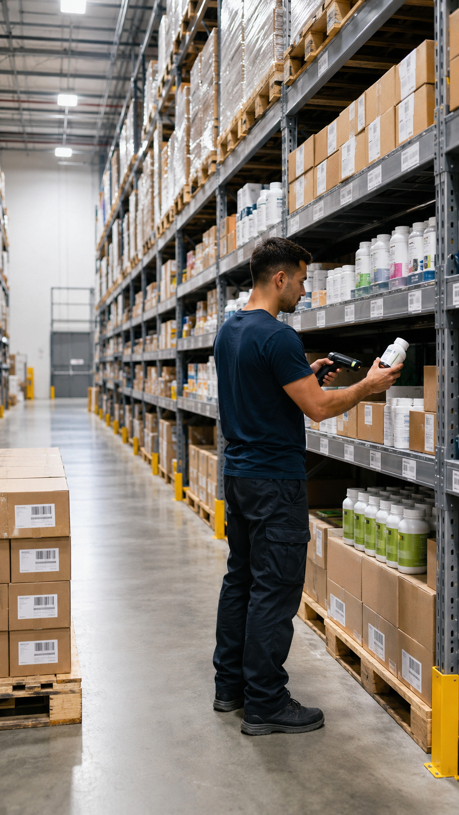 Health and Wellness Warehouse Inventory Scanning Warehouse worker scanning health and wellness inventory in a clean aisle with supplement cartons, personal care products, wellness boxes, pallets, and barcode labels.