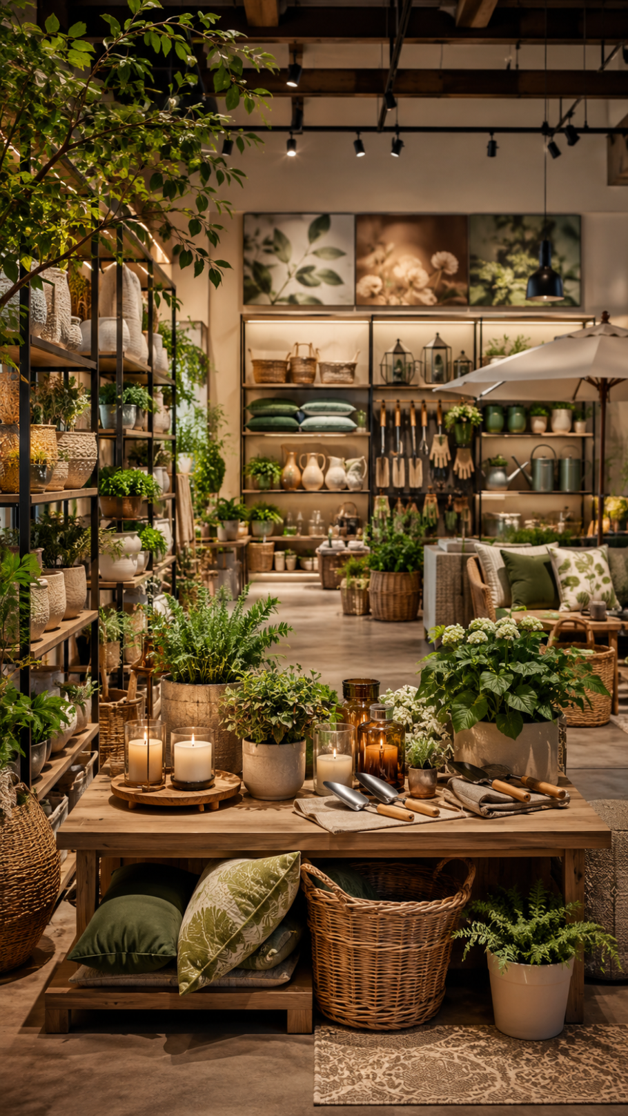 Elegant home and garden retail display with planters, candles, baskets, gardening tools, outdoor cushions, and seasonal décor under warm lighting.