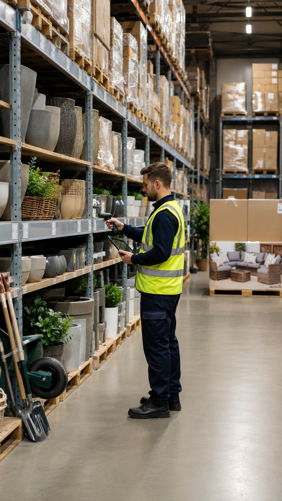 Warehouse worker scanning home and garden inventory in a clean aisle with planters, garden tools, boxed household goods, outdoor furniture boxes, and pallets.