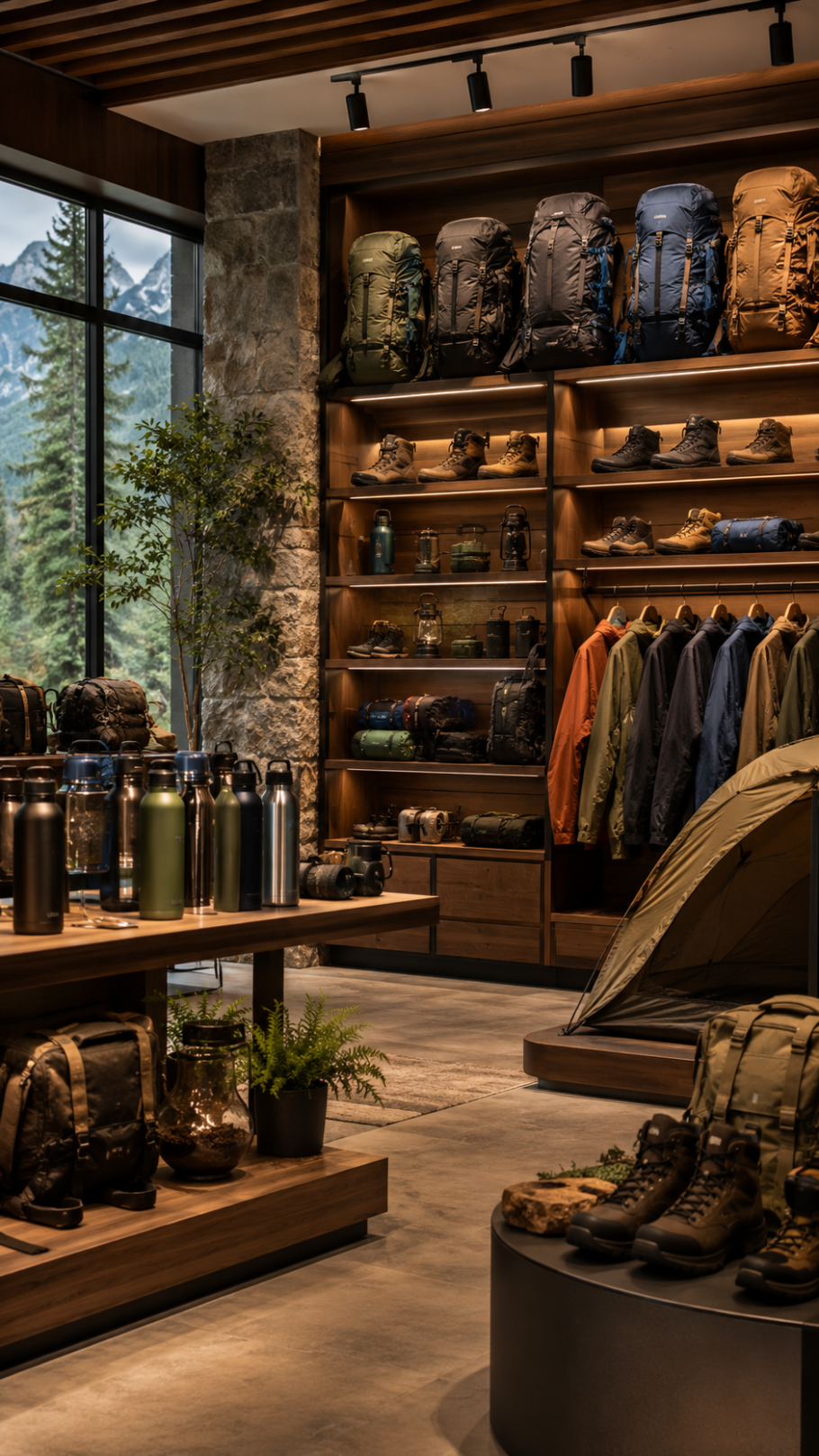 Elegant outdoor lifestyle retail section with backpacks, hiking boots, camping gear, jackets, water bottles, and accessories displayed in warm lighting.