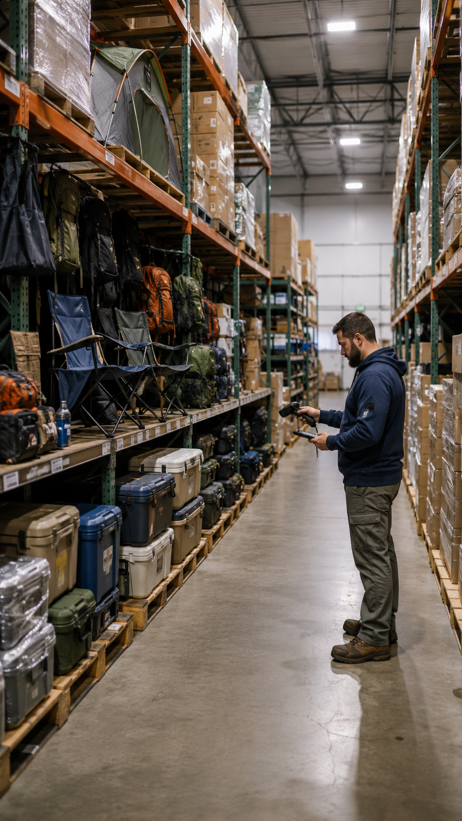 Warehouse worker scanning outdoor lifestyle inventory in a clean aisle with camping chairs, tents, coolers, backpacks, hiking gear, and palletized equipment.