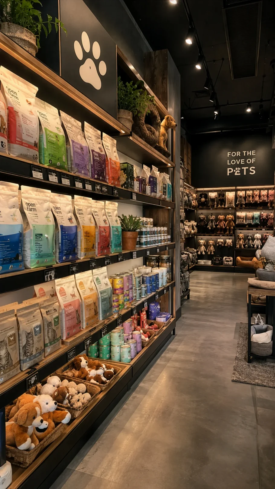 Premium pet supply retail aisle showing pet food, treats, toys, and accessories for pet supply logistics services.