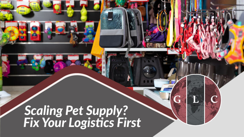 Pet supply products organized in a premium retail aisle, representing warehousing, fulfillment, and logistics support for growing pet brands.