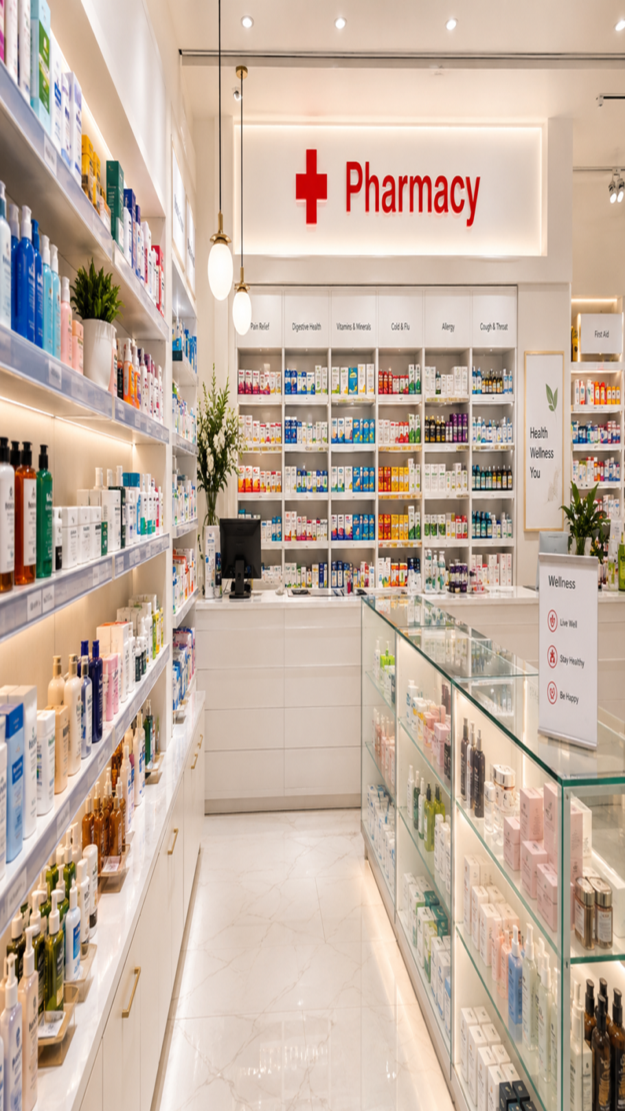 Modern pharmacy interior with warm lighting, organized medication shelves, skincare products, beauty items, and a red Pharmacy sign for pharmaceutical logistics services.