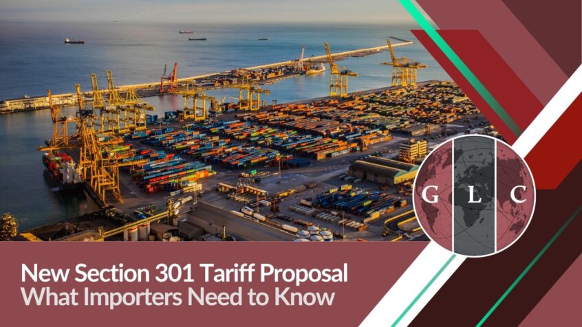 Aerial view of a container port with GLC branding and overlay text reading “New Section 301 Tariff Proposal: What Importers Need to Know.”