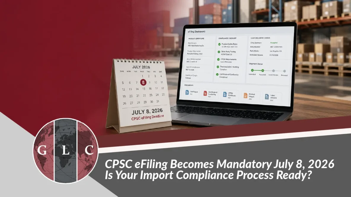 CPSC eFiling compliance blog image showing a July 8, 2026 deadline calendar beside a laptop with an import compliance dashboard and warehouse background.