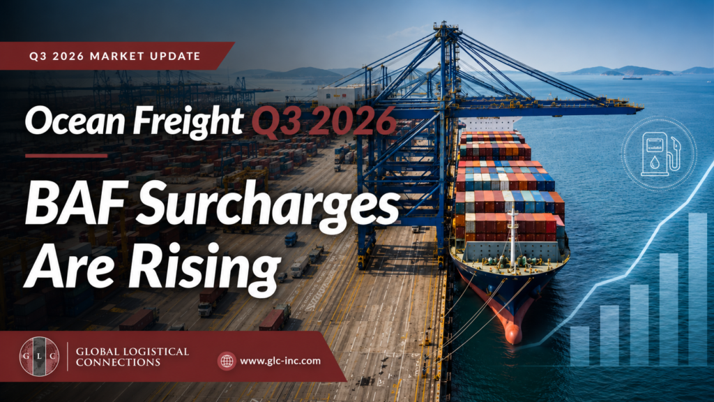 Aerial view of a busy container terminal with a cargo ship at berth, cranes, stacked containers, and a rising fuel-cost graph illustrating higher BAF surcharges in Q3 2026.