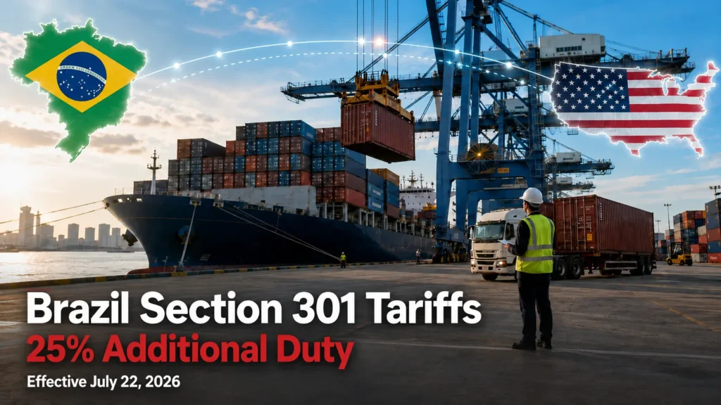 Container terminal with cargo ship, cranes, Brazil and U.S. trade route graphics, and overlay text reading Brazil Section 301 Tariffs, 25% Additional Duty, Effective July 22, 2026.