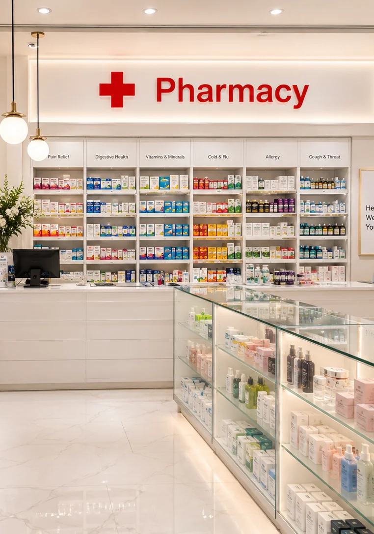 Pharma picture webp Modern pharmacy interior with warm lighting, organized medication shelves, skincare products, beauty items, and a red Pharmacy sign for pharmaceutical logistics services.