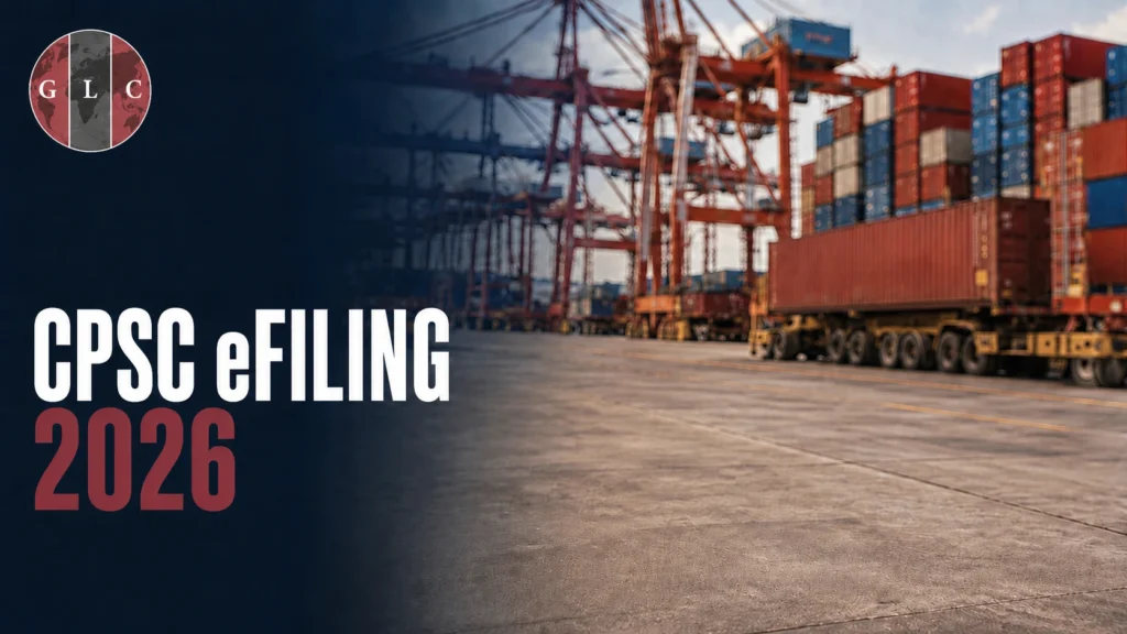 GLC CPSC eFiling 2026 graphic featuring the GLC logo over a container port with cargo cranes and stacked shipping containers.