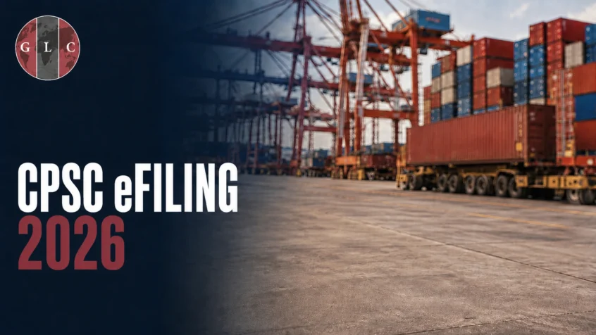 GLC CPSC eFiling 2026 graphic featuring the GLC logo over a container port with cargo cranes and stacked shipping containers.