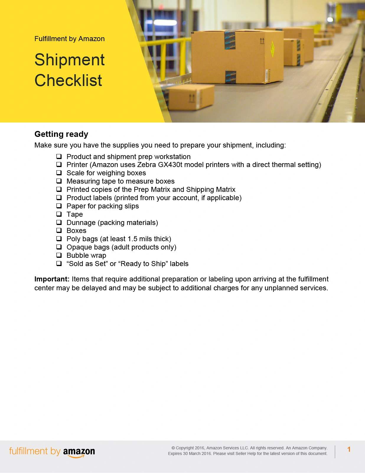 Fulfillment by Amazon Shipment Preparation Checklist Fulfillment by Amazon shipment checklist showing packaging supplies and preparation requirements beside boxes on a warehouse conveyor.