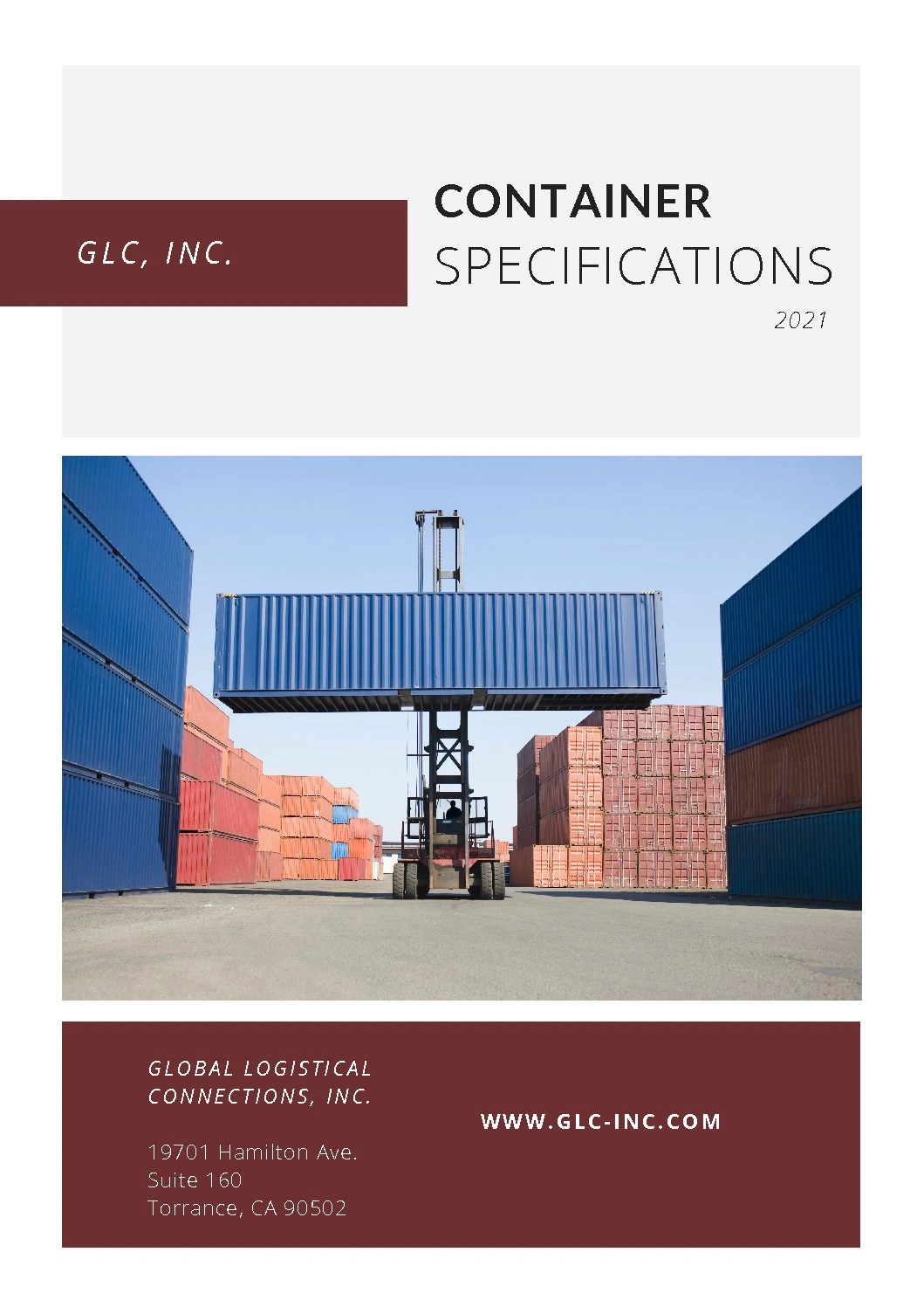 GLC Container Specifications Guide GLC Container Specifications guide cover featuring a reach stacker lifting a blue shipping container in a container yard.