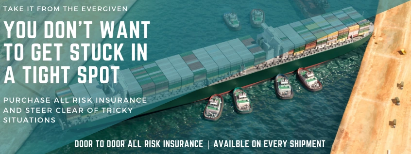 All-Risk Cargo Insurance for International Shipments Container ship navigating a narrow waterway with tugboats beside it, promoting door-to-door all-risk cargo insurance.