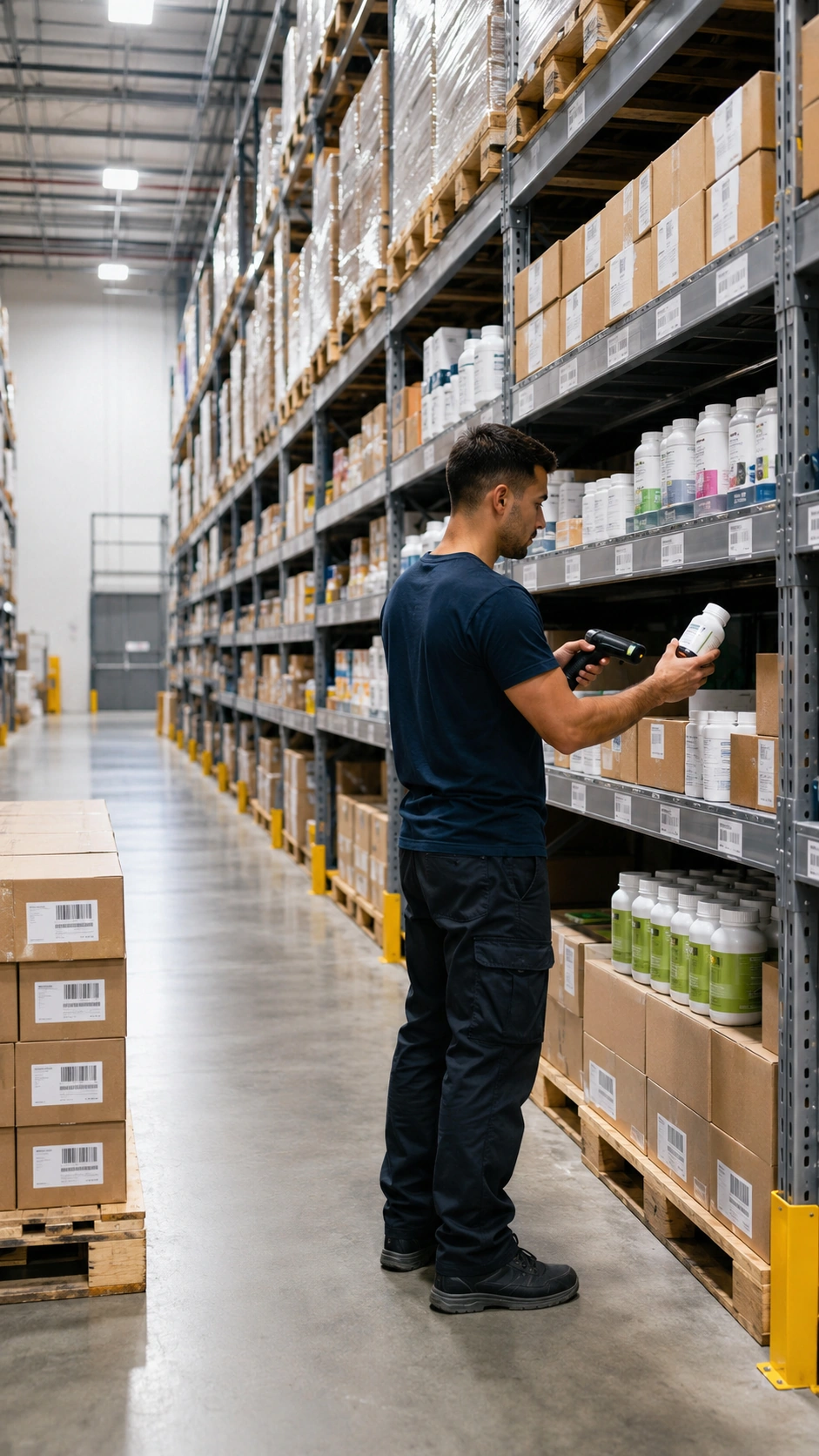 Warehouse worker scanning bottles of vitamins and supplements stored on organized shelves in a modern distribution center.