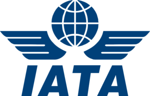 International Air Transport Association (IATA) Logo Blue IATA logo featuring a globe with wings above the letters IATA.