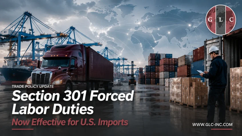 Section 301 forced labor duties update showing a burgundy semitruck, cargo containers, port cranes, and a compliance specialist at an international container terminal.