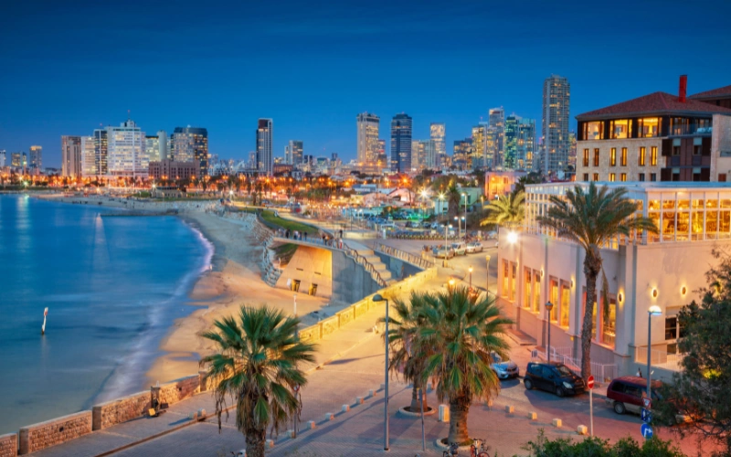 Tel Aviv coastline at dusk with beachfront buildings, palm trees, illuminated streets, and the city skyline.