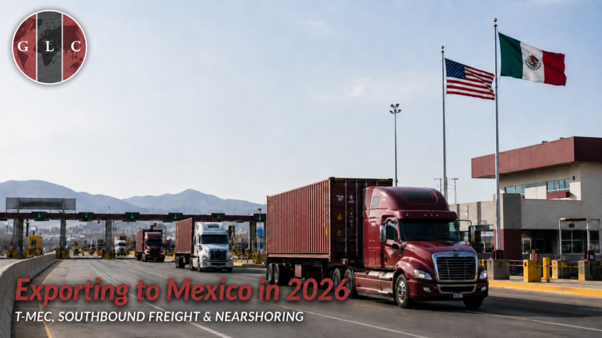 Exporting to Mexico in 2026 with U.S.-Mexico cross-border trucks representing T-MEC, southbound freight and nearshoring logistics.