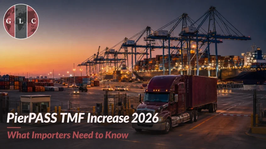 Burgundy drayage truck at a busy container terminal during sunset with cranes, cargo ships, and the headline “PierPASS TMF Increase 2026.”