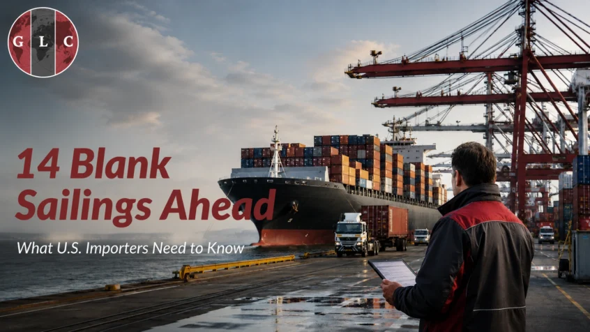 Transpacific ocean freight capacity alert showing 14 blank sailings ahead for U.S. importers at a major container port.
