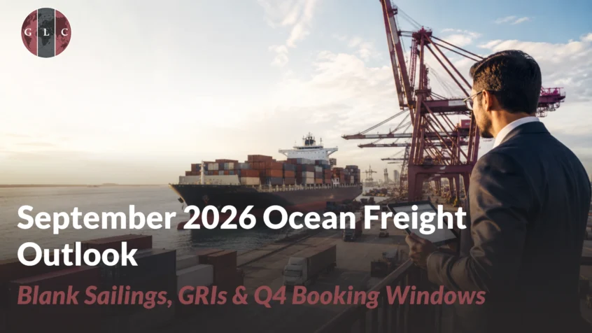 September 2026 ocean freight outlook showing a container ship, U.S. port operations, and a logistics professional reviewing Q4 shipping plans.