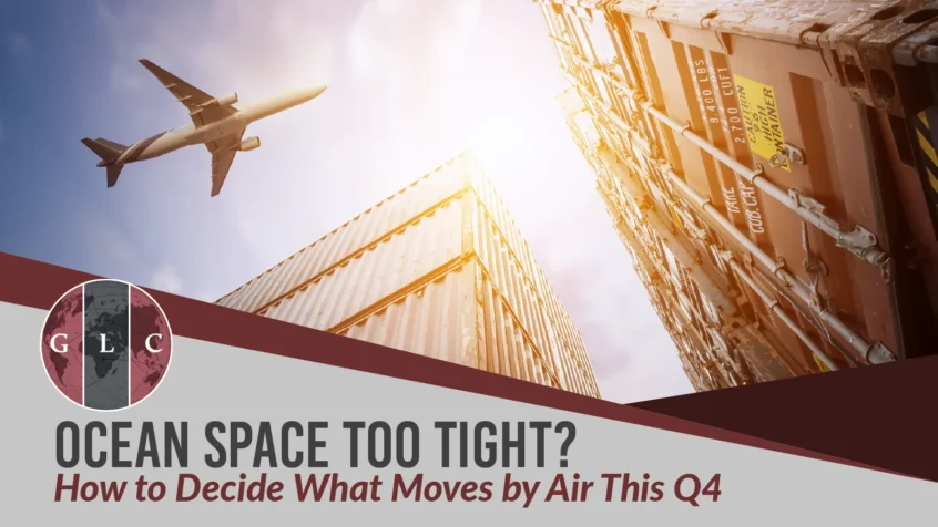 Cargo plane flying over stacked shipping containers at a port, showing the choice between ocean and air freight in Q4.