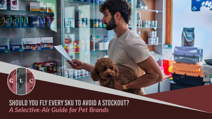 Man holding a dog in a pet store aisle, showing why pet supply brands need to keep best-selling products in stock.
